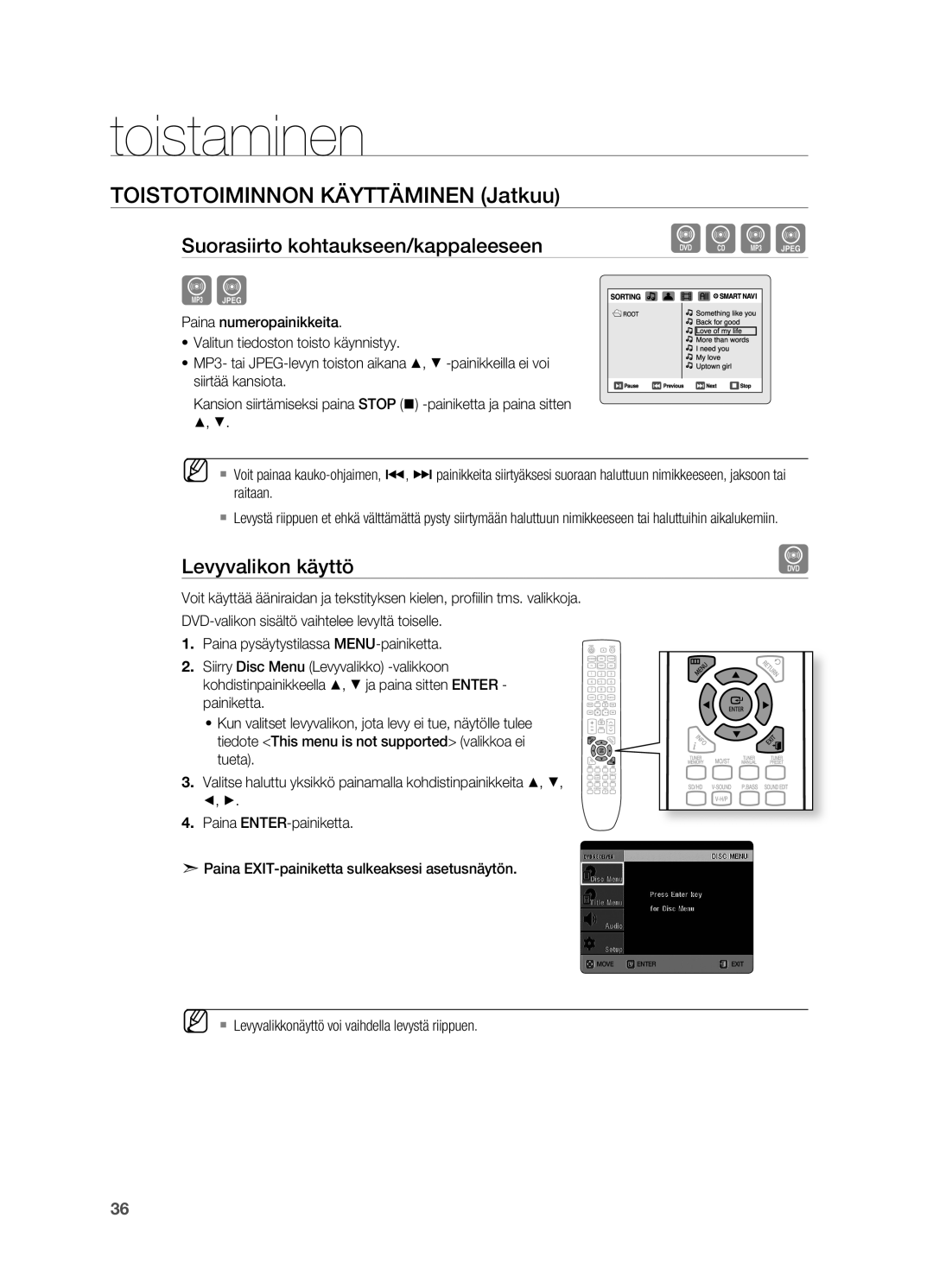 Samsung HT-X620T/XEE manual Levyvalikon käyttö, ` Levyvalikkonäyttö voi vaihdella levystä riippuen 