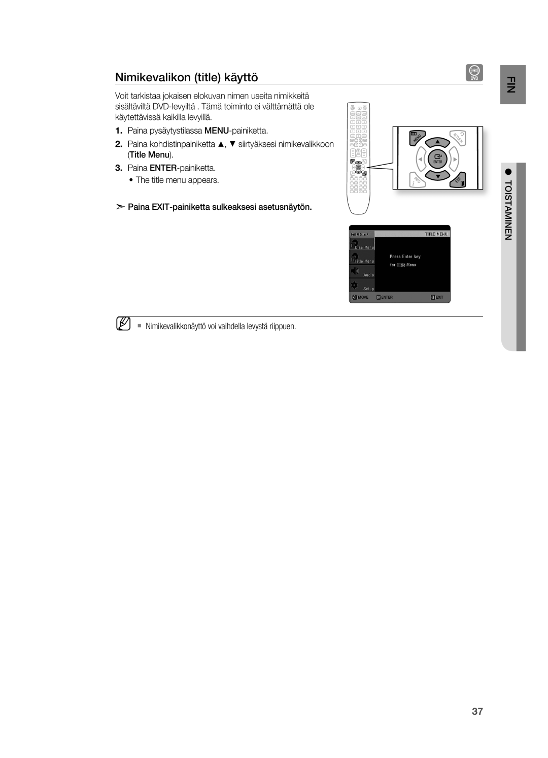 Samsung HT-X620T/XEE manual Nimikevalikon title käyttö, ` Nimikevalikkonäyttö voi vaihdella levystä riippuen 