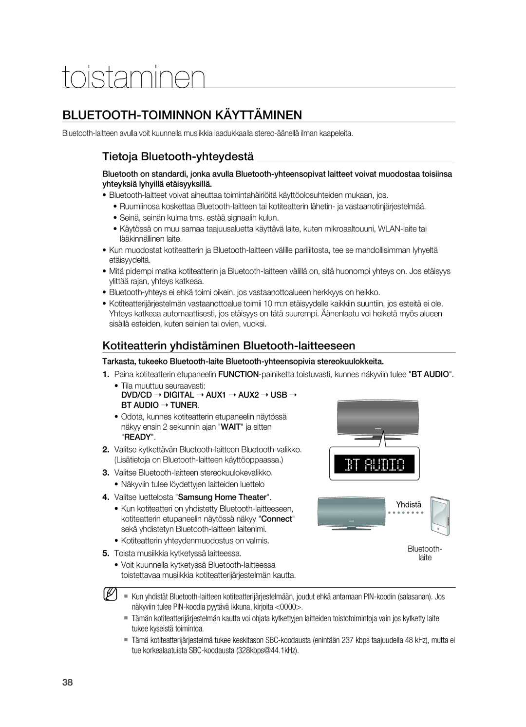 Samsung HT-X620T/XEE manual BLUETOOTH-toiminnon käyttäminen, Tietoja Bluetooth-yhteydestä, Ready 