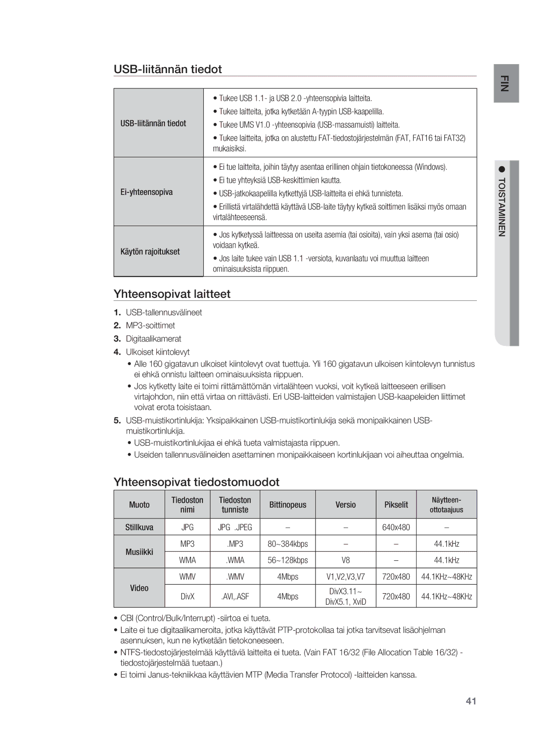 Samsung HT-X620T/XEE manual USB-liitännän tiedot, Yhteensopivat laitteet, Yhteensopivat tiedostomuodot 