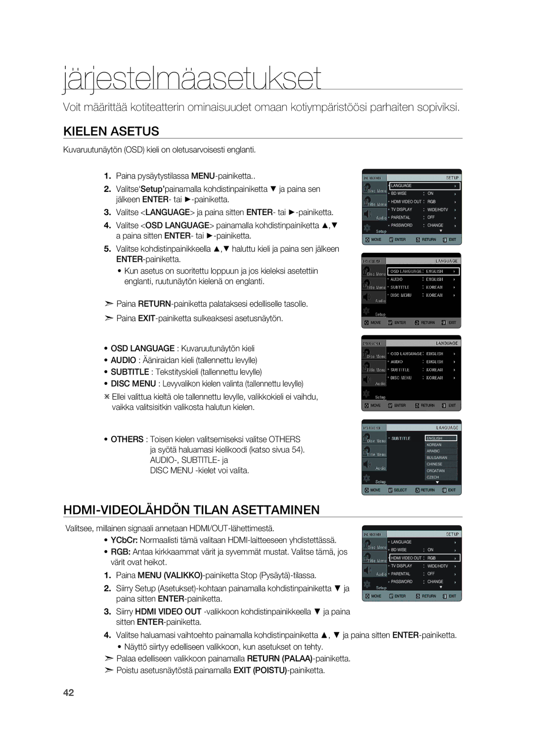 Samsung HT-X620T/XEE manual Järjestelmäasetukset, Kielen asetus, HDMI-videolähdön tilan asettaminen 