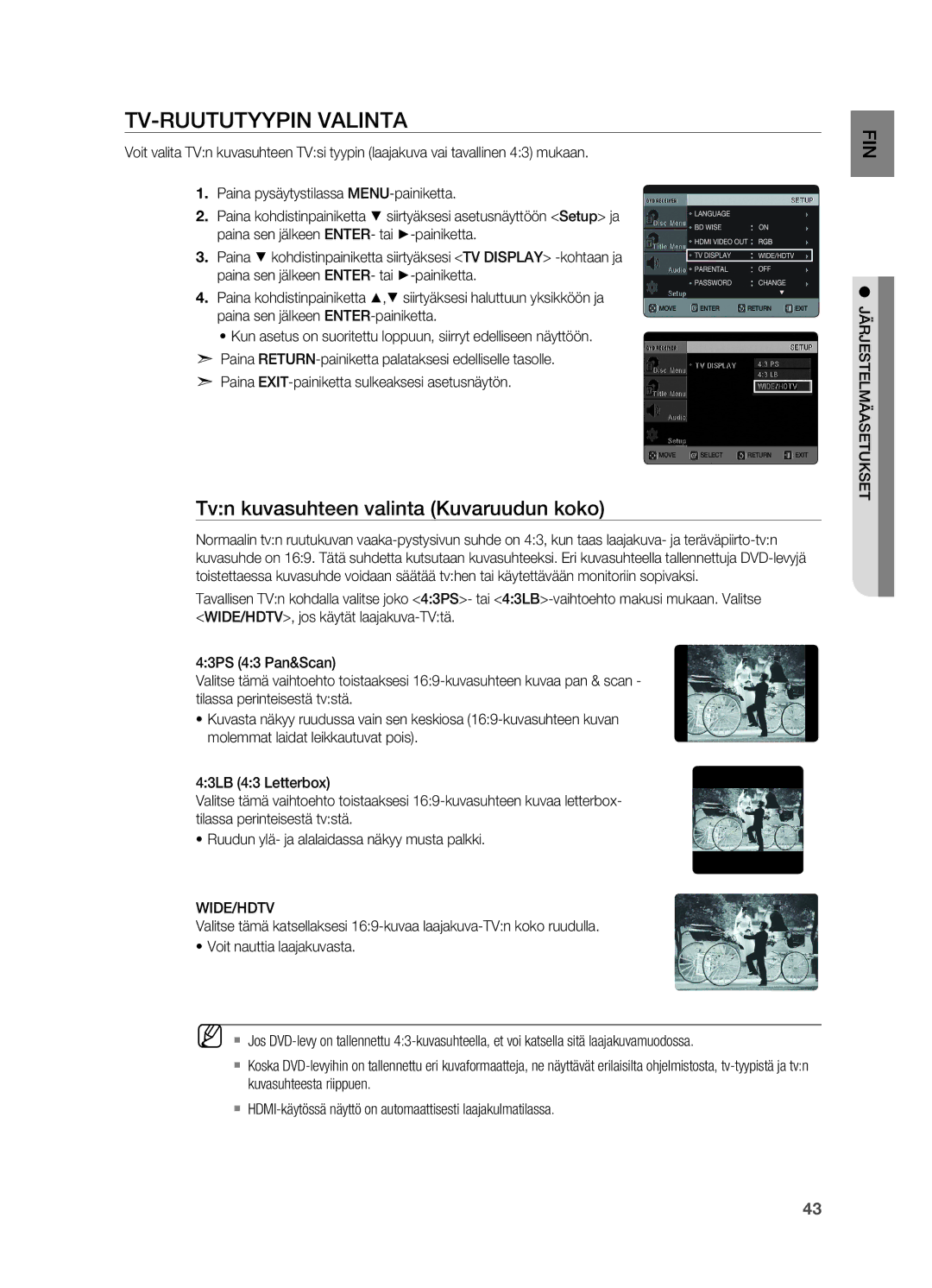 Samsung HT-X620T/XEE Tv-ruututyypin valinta, Tvn kuvasuhteen valinta Kuvaruudun koko, Wide/Hdtv, Järjestelmäasetukset 