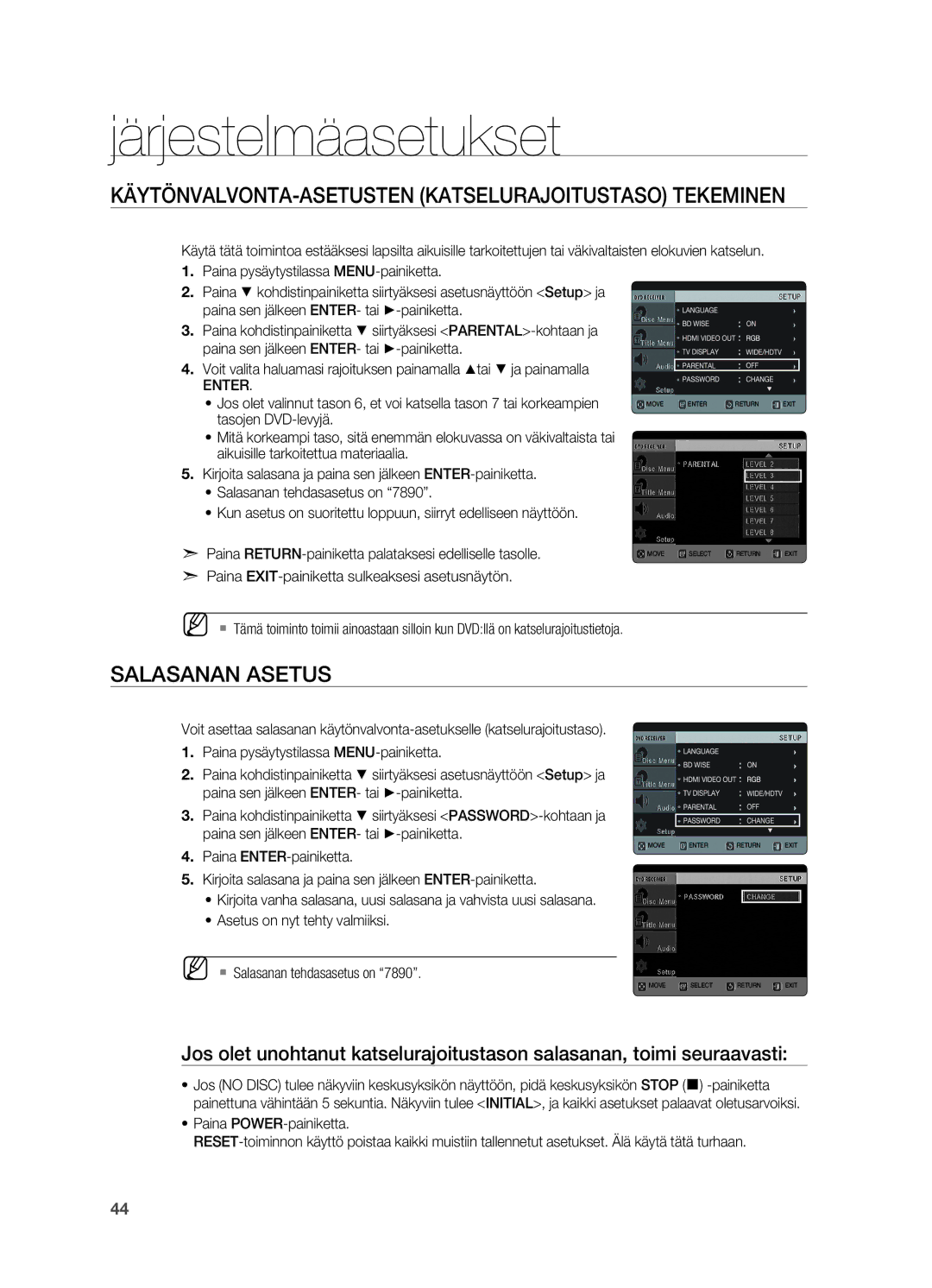 Samsung HT-X620T/XEE manual Käytönvalvonta-asetusten Katselurajoitustaso tekeminen, Salasanan asetus, Enter 