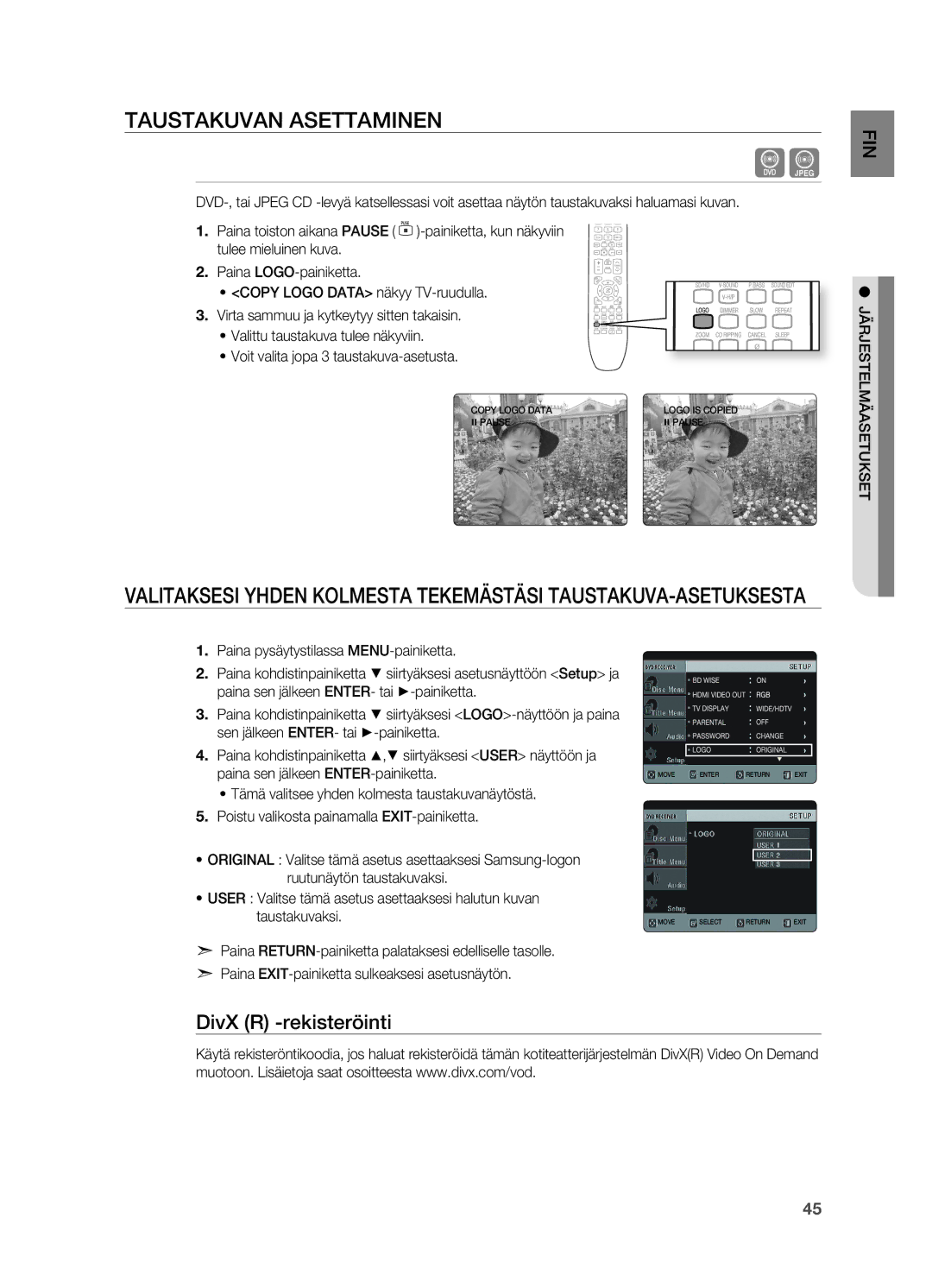 Samsung HT-X620T/XEE manual Taustakuvan Asettaminen, DivX R -rekisteröinti 