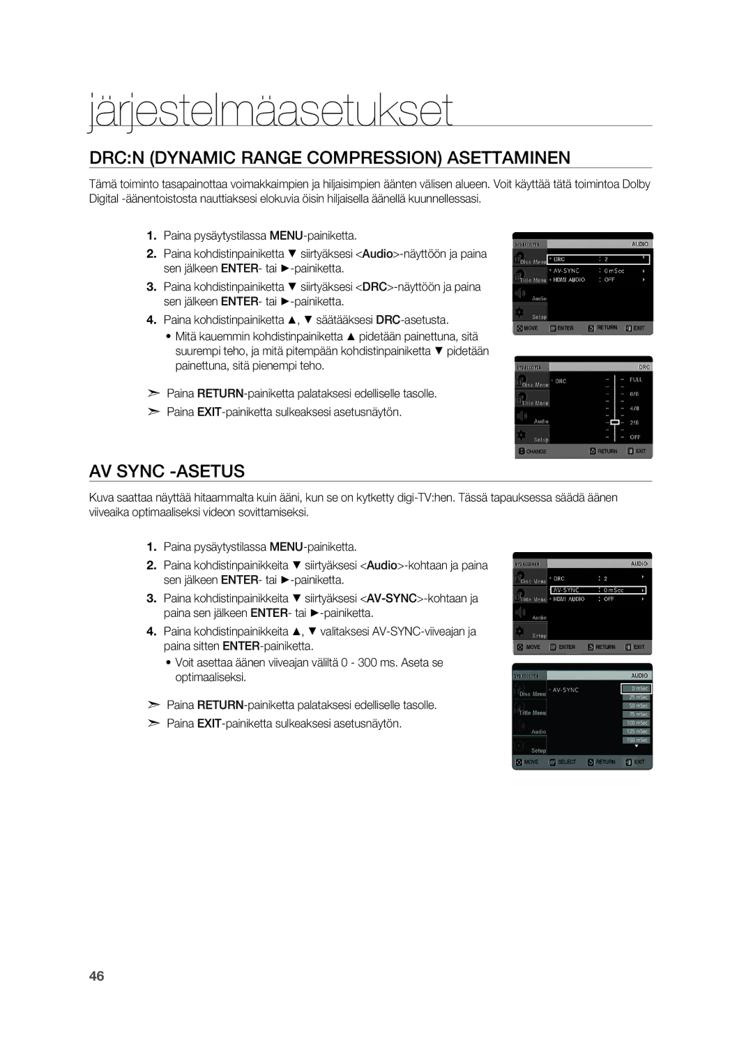 Samsung HT-X620T/XEE manual DRCn Dynamic Range Compression asettaminen, AV Sync -asetus 