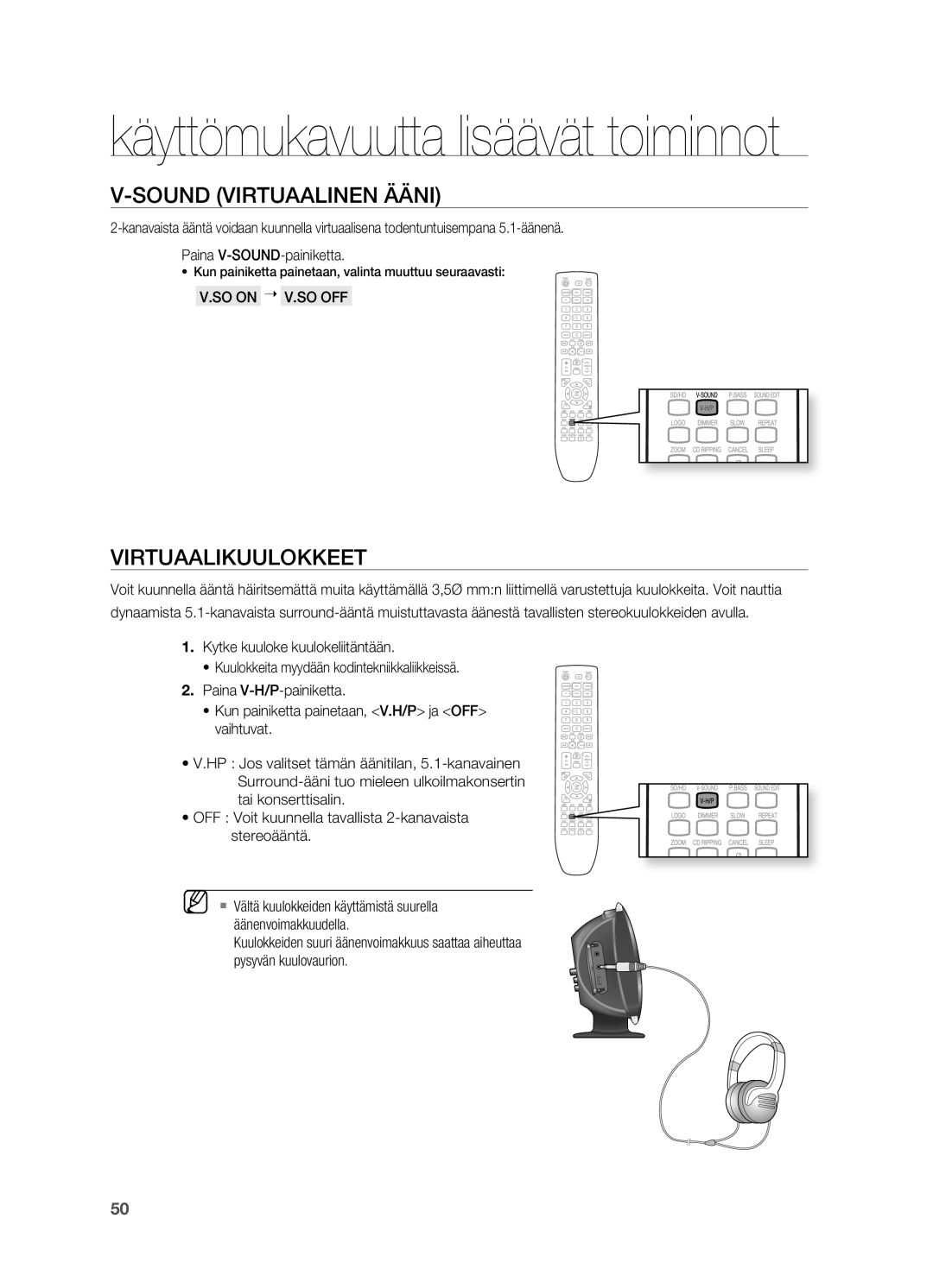 Samsung HT-X620T/XEE manual Sound Virtuaalinen Ääni, Virtuaalikuulokkeet, SO on  V.SO OFF 