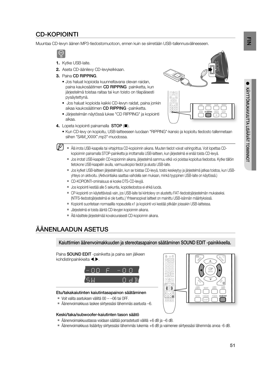 Samsung HT-X620T/XEE manual CD-KOpIOINTI, Äänenlaadun Asetus 