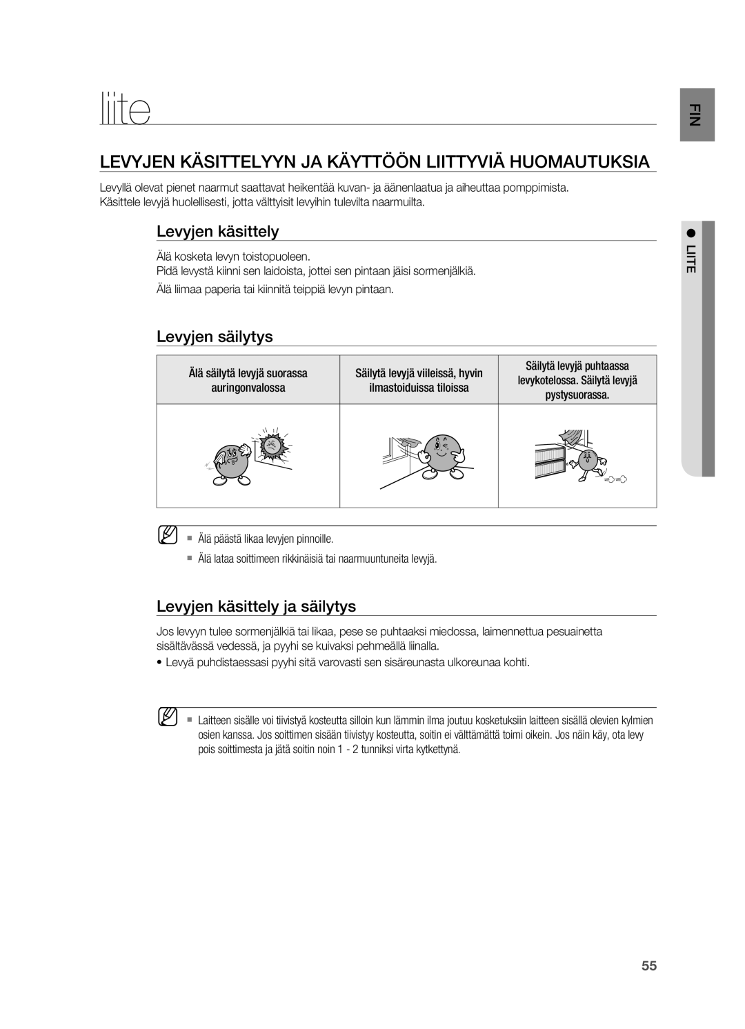 Samsung HT-X620T/XEE manual Liite, Levyjen käsittelyyn ja käyttöön liittyviä huomautuksia, Levyjen säilytys 