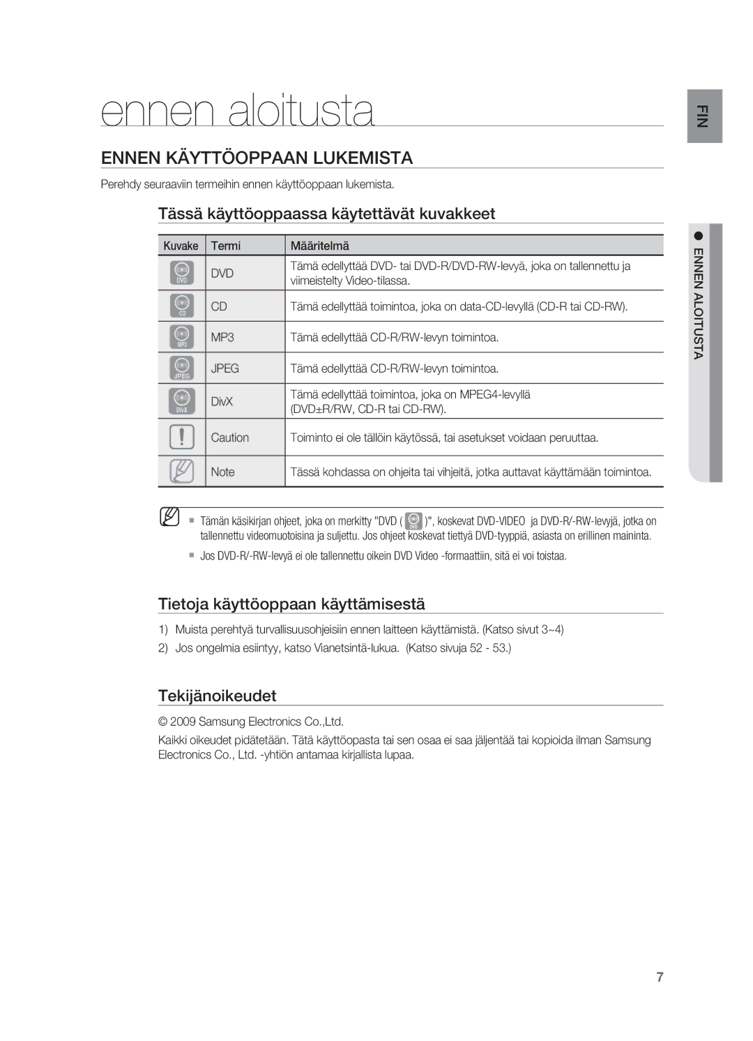 Samsung HT-X620T/XEE manual Ennen aloitusta, Ennen käyttöoppaan lukemista, Tässä käyttöoppaassa käytettävät kuvakkeet 