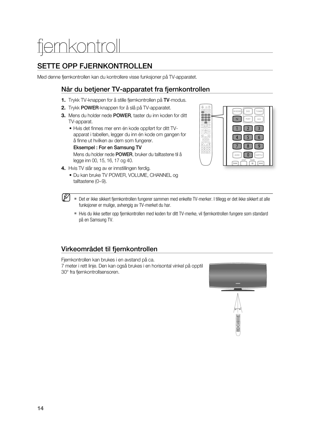 Samsung HT-X620T/XEE manual Sette OPP Fjernkontrollen, Når du betjener TV-apparatet fra fjernkontrollen 