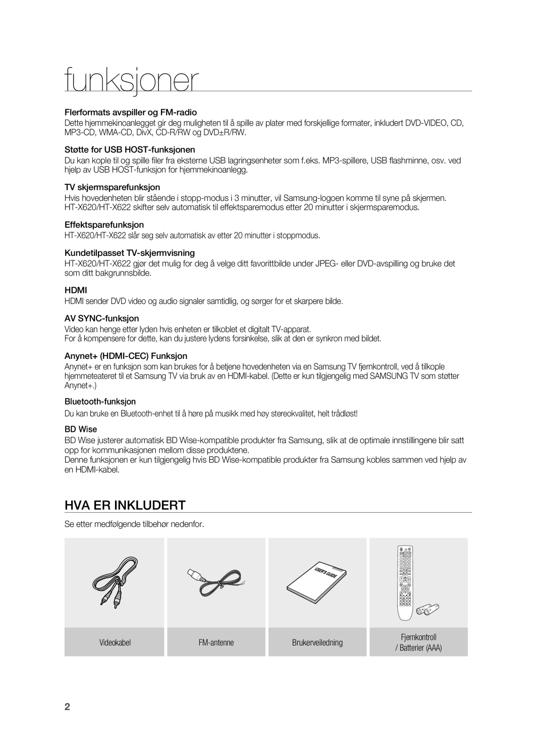 Samsung HT-X620T/XEE manual Funksjoner, HVA ER Inkludert, Hdmi 