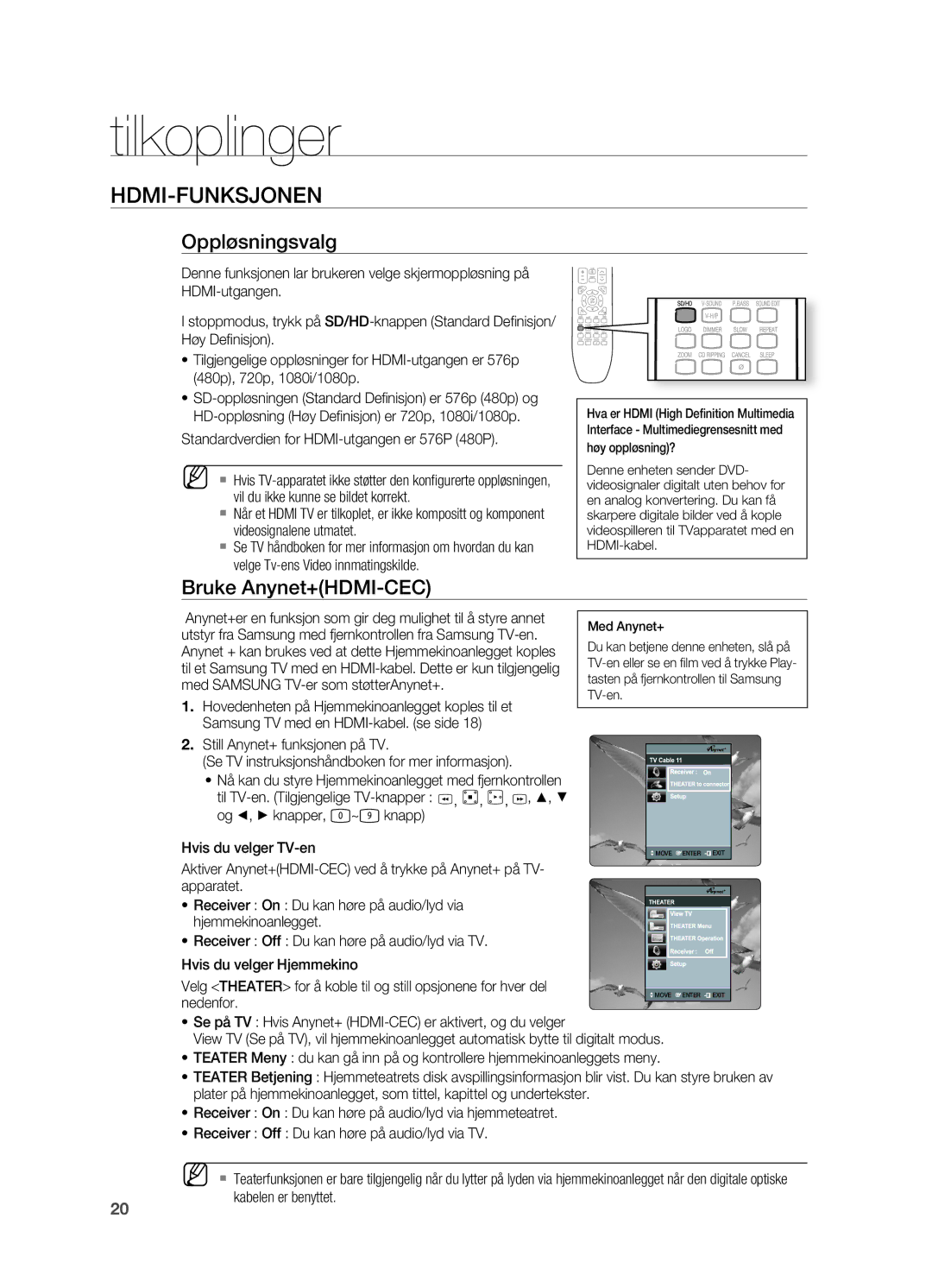 Samsung HT-X620T/XEE manual Hdmi-Funksjonen, Oppløsningsvalg, Bruke Anynet+HDMI-CEC 