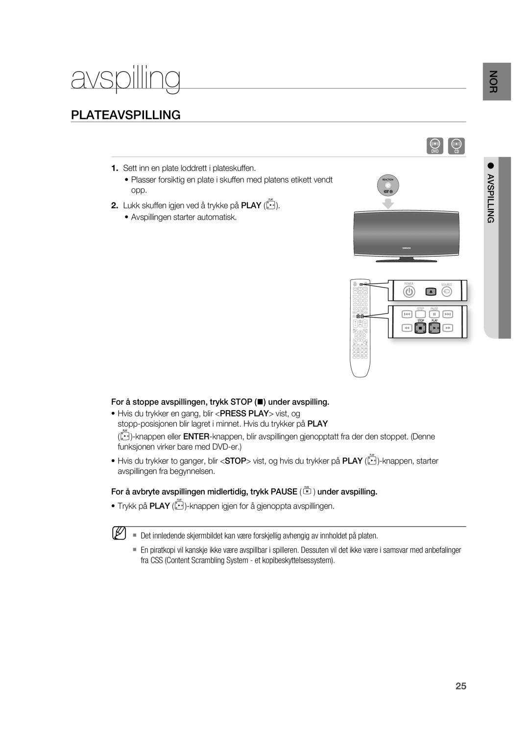 Samsung HT-X620T/XEE manual Avspilling, PLATEAVSPILLINg 