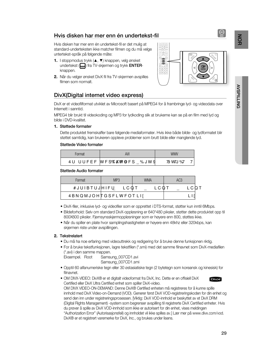 Samsung HT-X620T/XEE manual Hvis disken har mer enn én undertekst-fi l, DivXDigital internet video express, Avi Wmv 