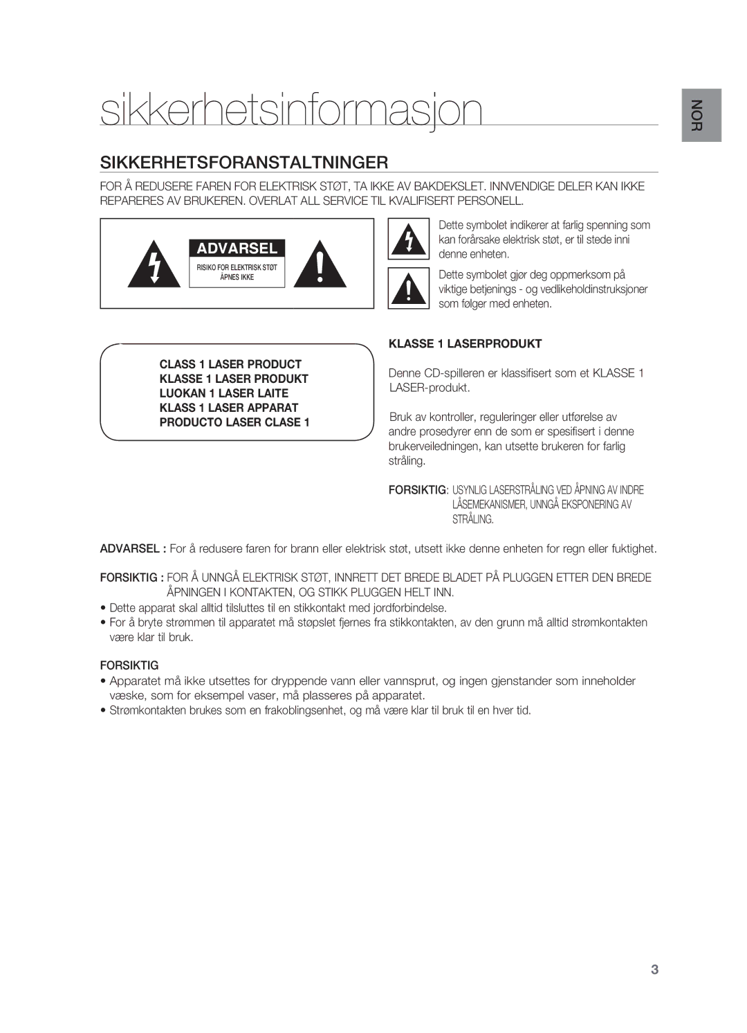 Samsung HT-X620T/XEE manual Sikkerhetsinformasjon, Sikkerhetsforanstaltninger, Forsiktig 