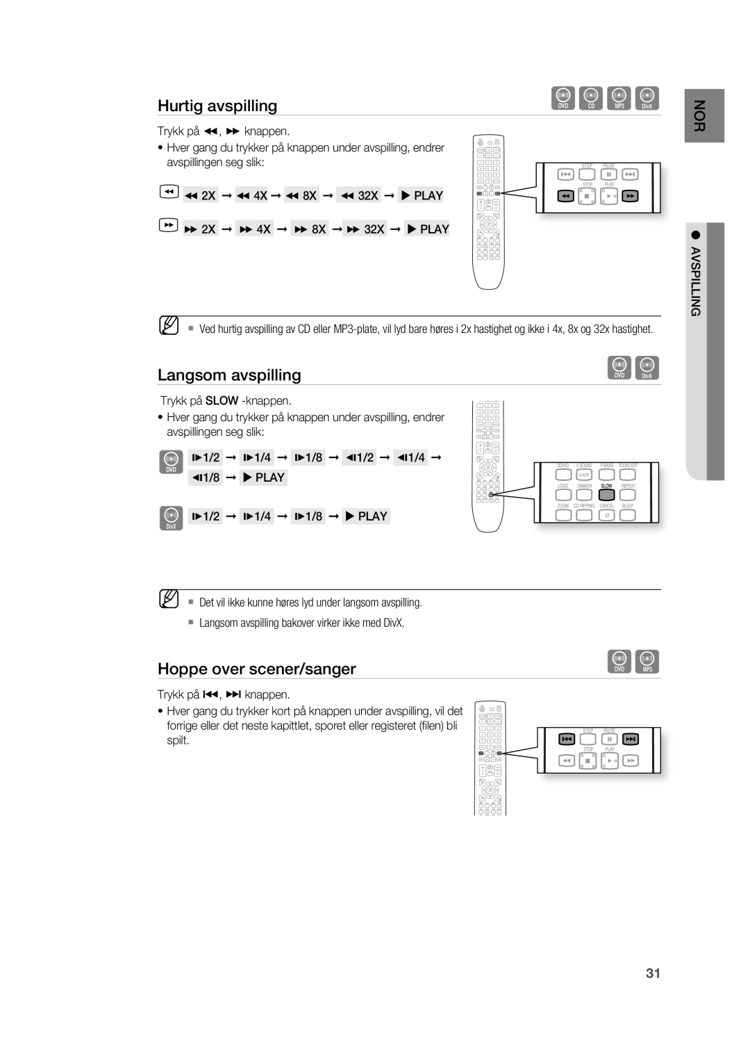 Samsung HT-X620T/XEE manual Langsom avspilling, Hoppe over scener/sanger 