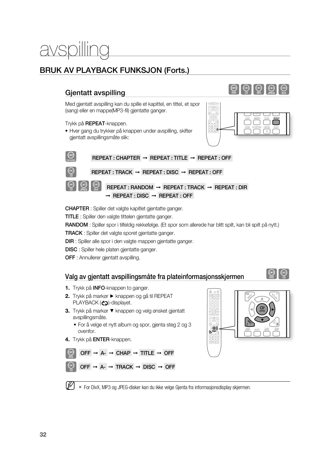 Samsung HT-X620T/XEE Bruk AV Playback Funksjon Forts, Gjentatt avspilling, OFF A- Chap Title OFF OFF A- Track Disc OFF 