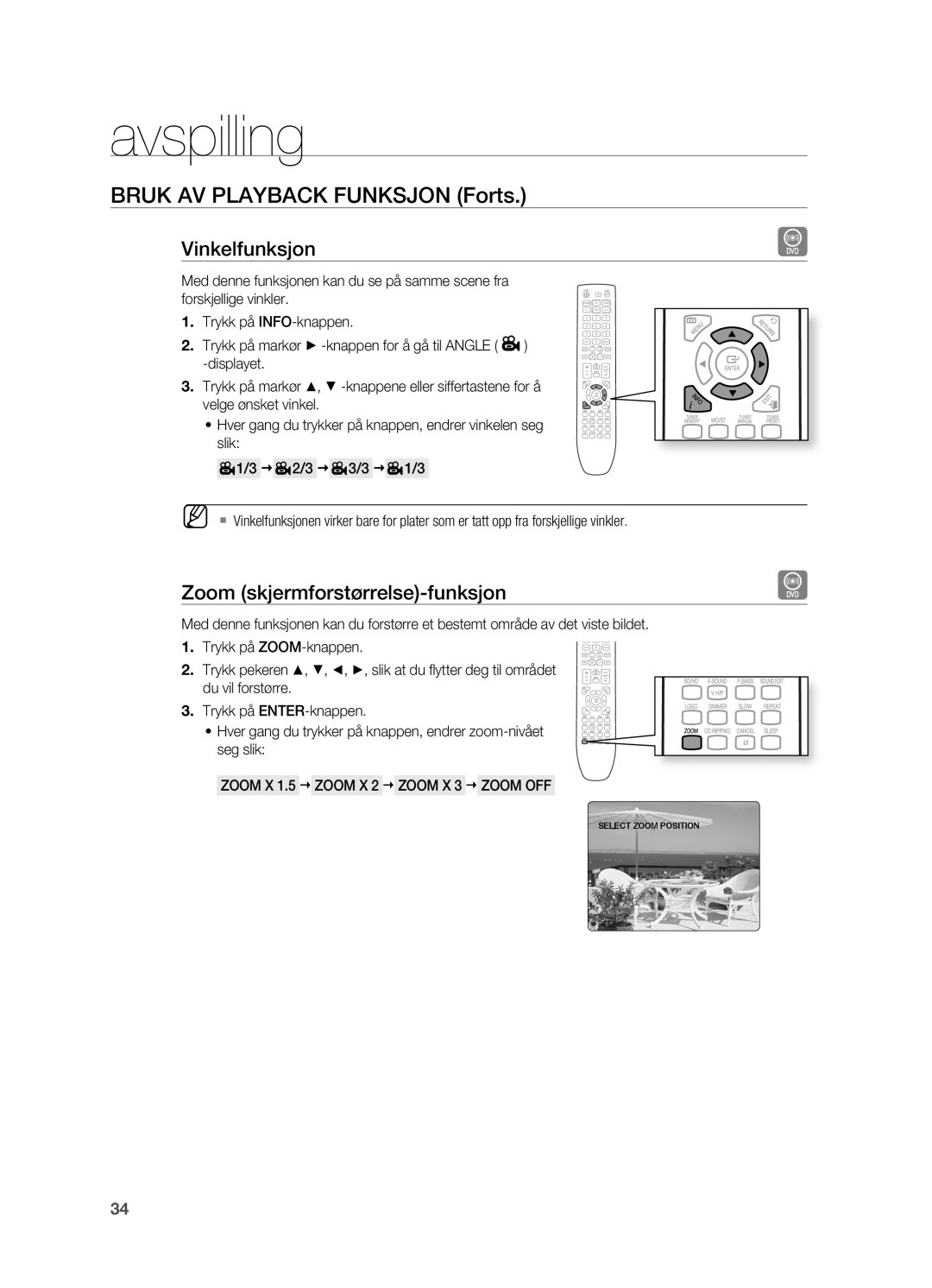 Samsung HT-X620T/XEE manual Vinkelfunksjon, Zoom skjermforstørrelse-funksjon, Zoom X 1.5  Zoom X 2  Zoom X 3  Zoom OFF 