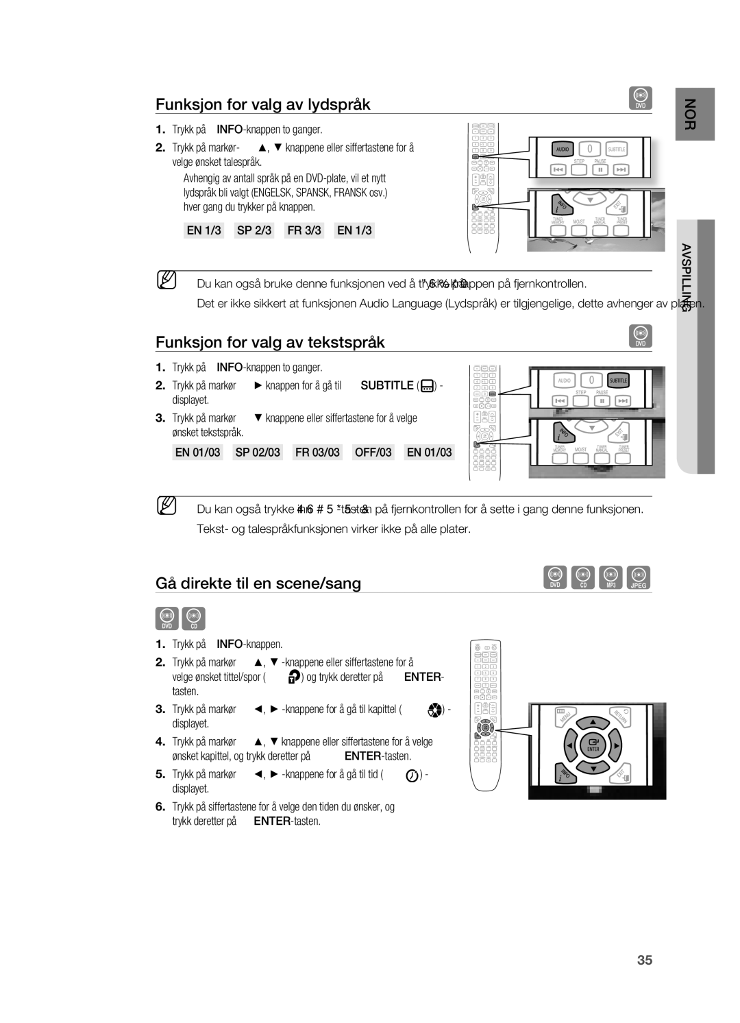 Samsung HT-X620T/XEE manual Funksjon for valg av lydspråk, Funksjon for valg av tekstspråk, Gå direkte til en scene/sang 