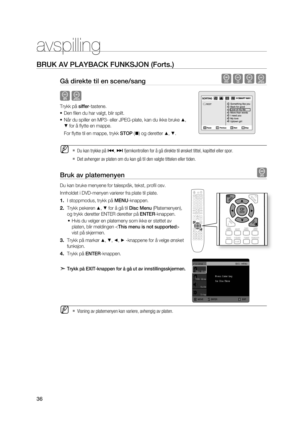 Samsung HT-X620T/XEE manual Bruk av platemenyen, ` Visning av platemenyen kan variere, avhengig av platen 