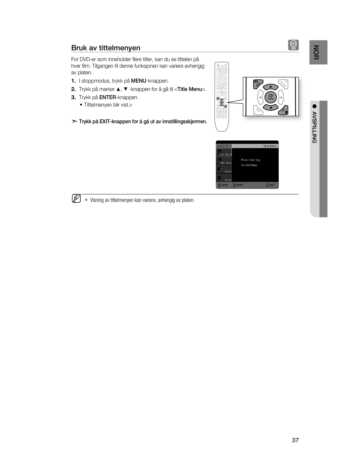 Samsung HT-X620T/XEE manual Bruk av tittelmenyen, ` Visning av tittelmenyen kan variere, avhengig av platen 