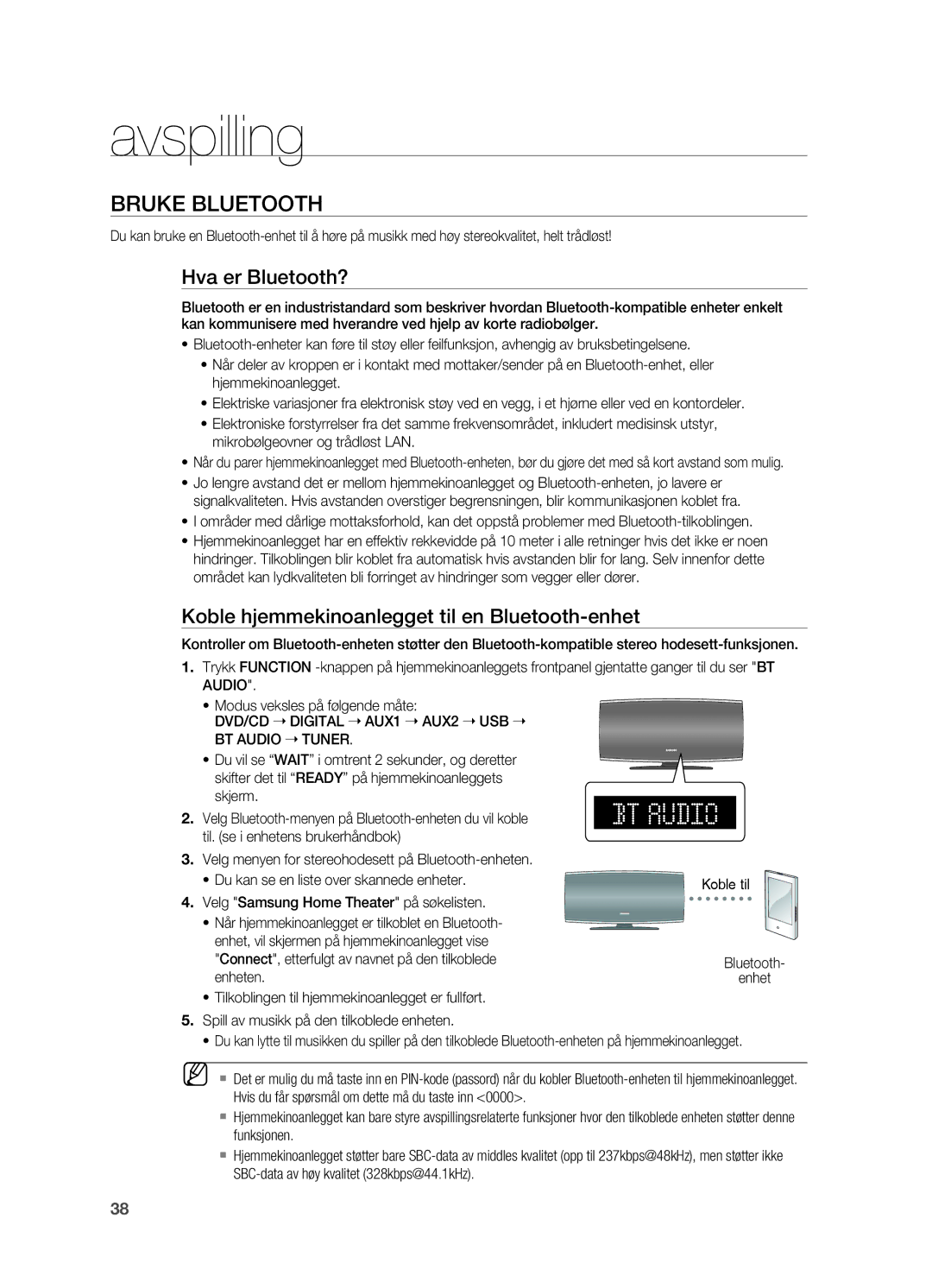 Samsung HT-X620T/XEE manual Bruke Bluetooth, Hva er Bluetooth?, Koble hjemmekinoanlegget til en Bluetooth-enhet, Enheten 