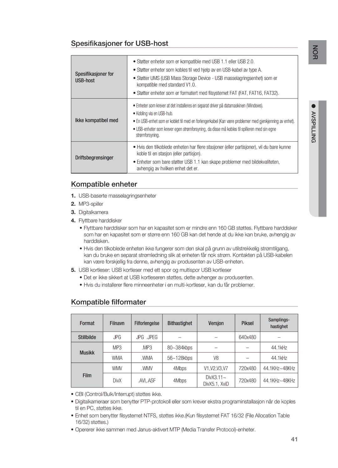 Samsung HT-X620T/XEE manual Spesifikasjoner for USB-host, Kompatible enheter, Kompatible filformater 