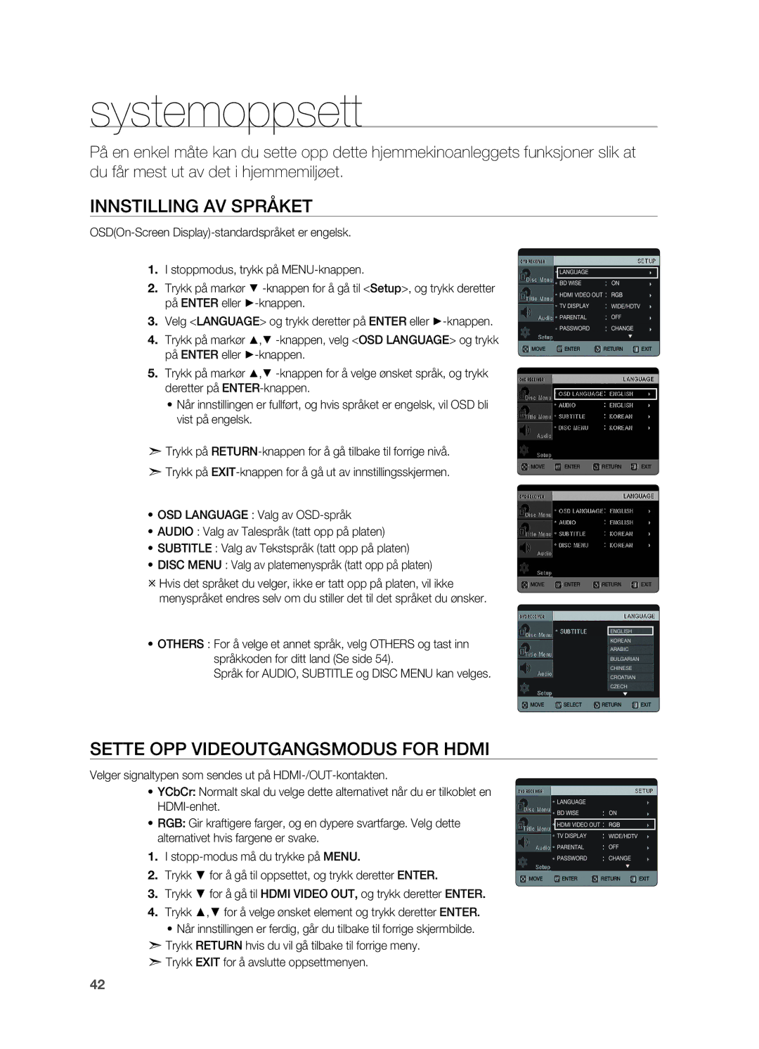 Samsung HT-X620T/XEE manual Systemoppsett, Innstilling av språket, Sette opp Videoutgangsmodus for Hdmi 