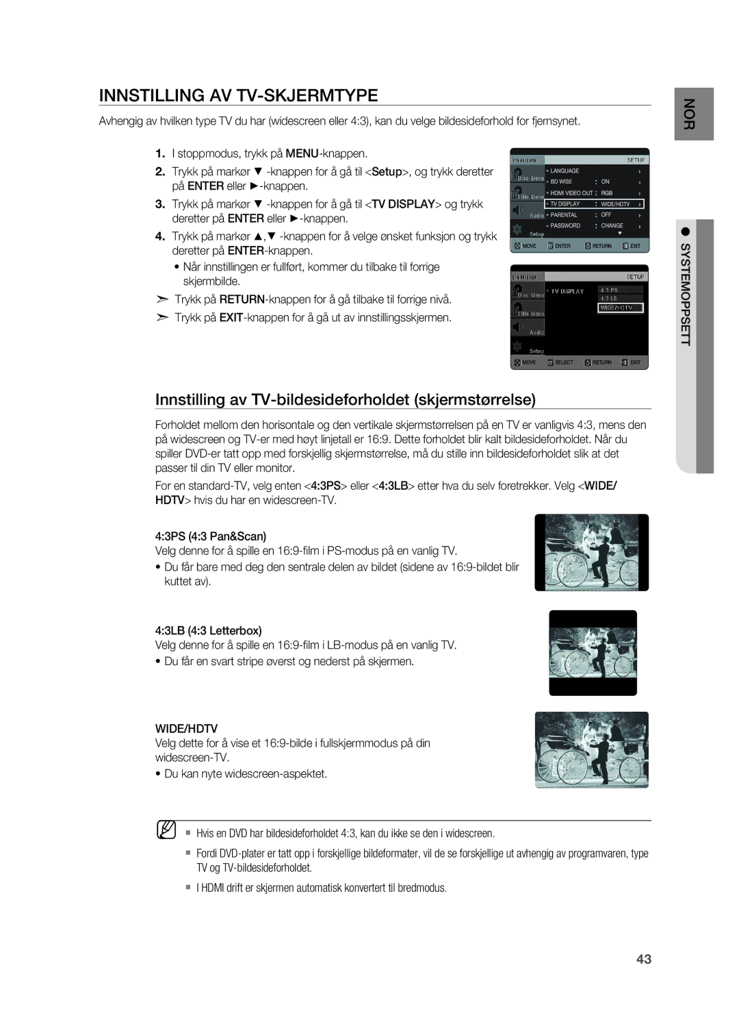 Samsung HT-X620T/XEE manual Innstilling av TV-skjermtype, Innstilling av TV-bildesideforholdet skjermstørrelse, Wide/Hdtv 