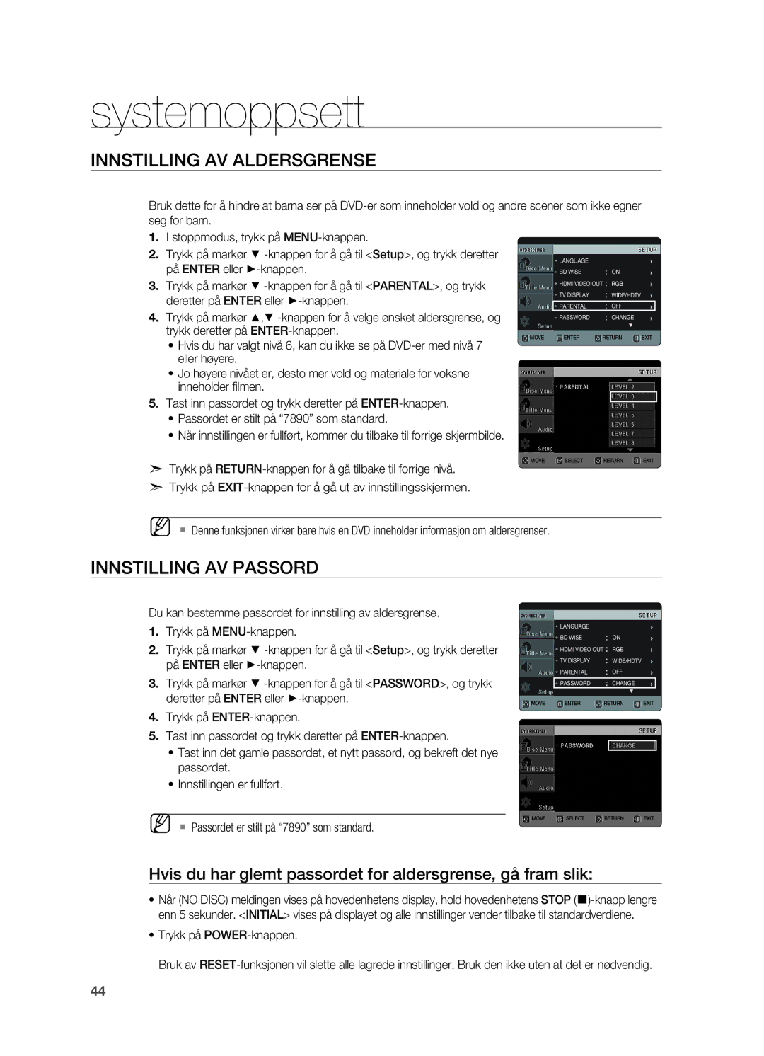 Samsung HT-X620T/XEE manual Innstilling av aldersgrense, Innstilling av passord 