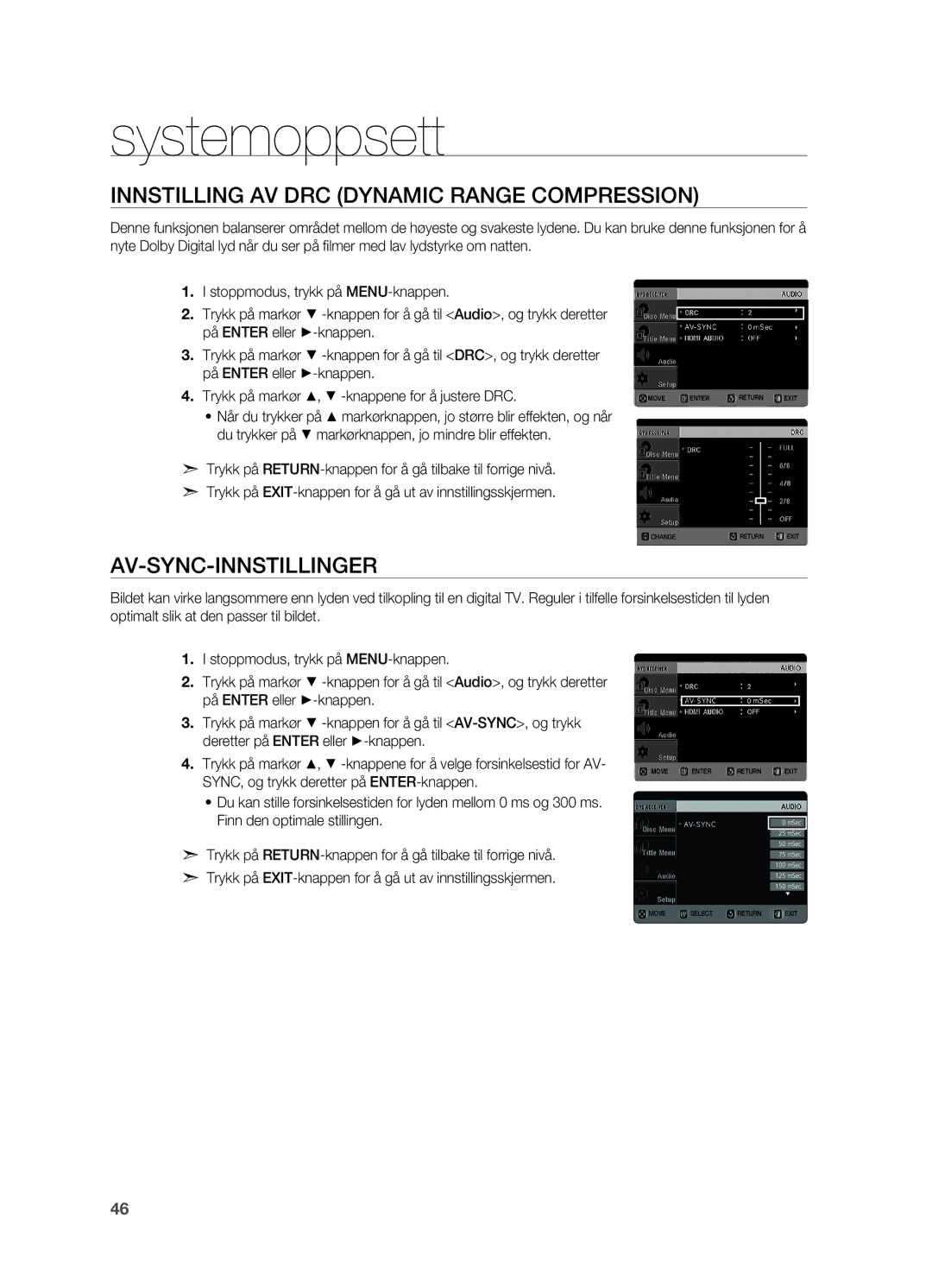 Samsung HT-X620T/XEE manual Innstilling av DRC Dynamic Range Compression, AV-SYNC-innstillinger 