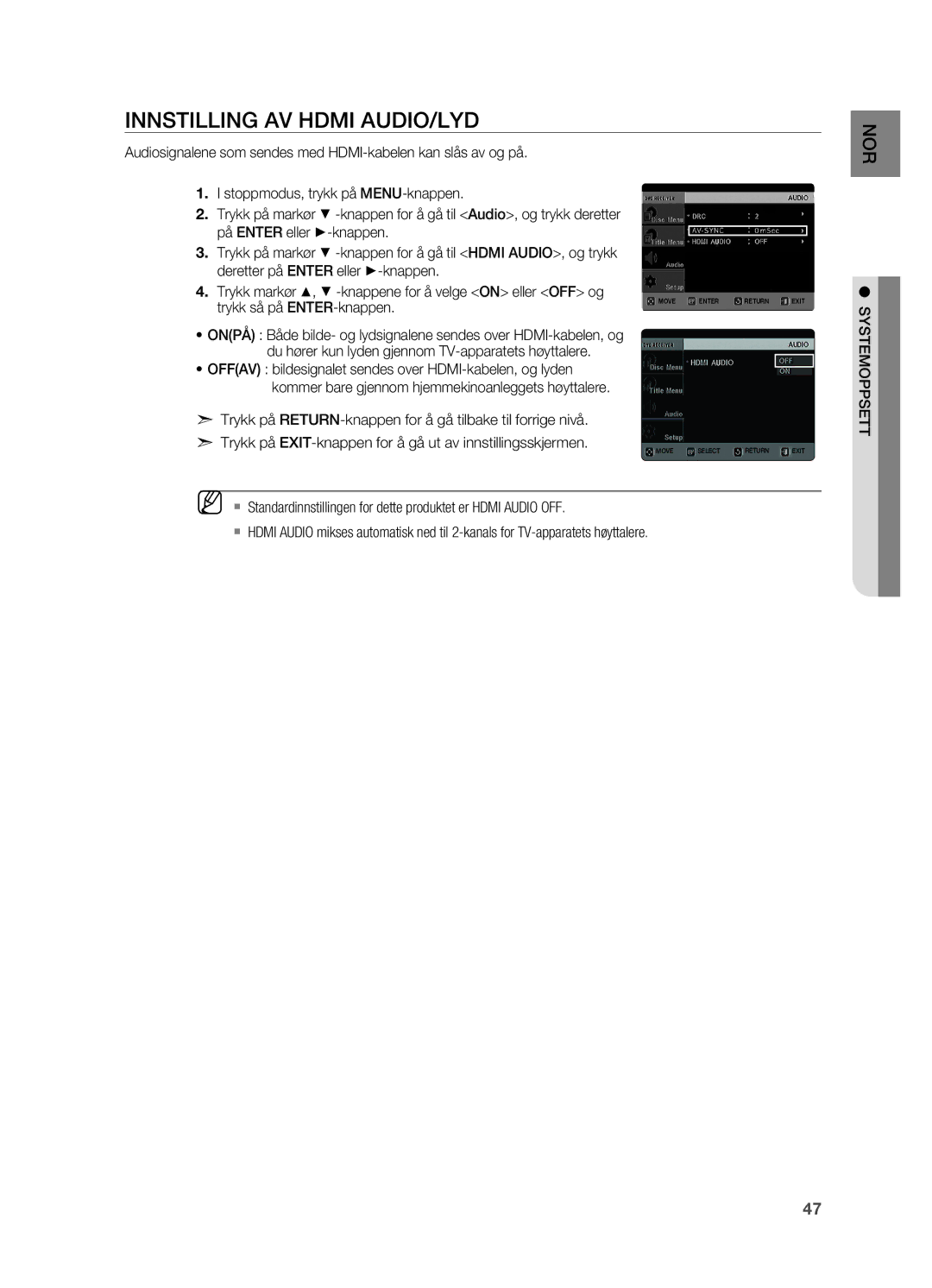 Samsung HT-X620T/XEE manual Innstilling av Hdmi Audio/Lyd 