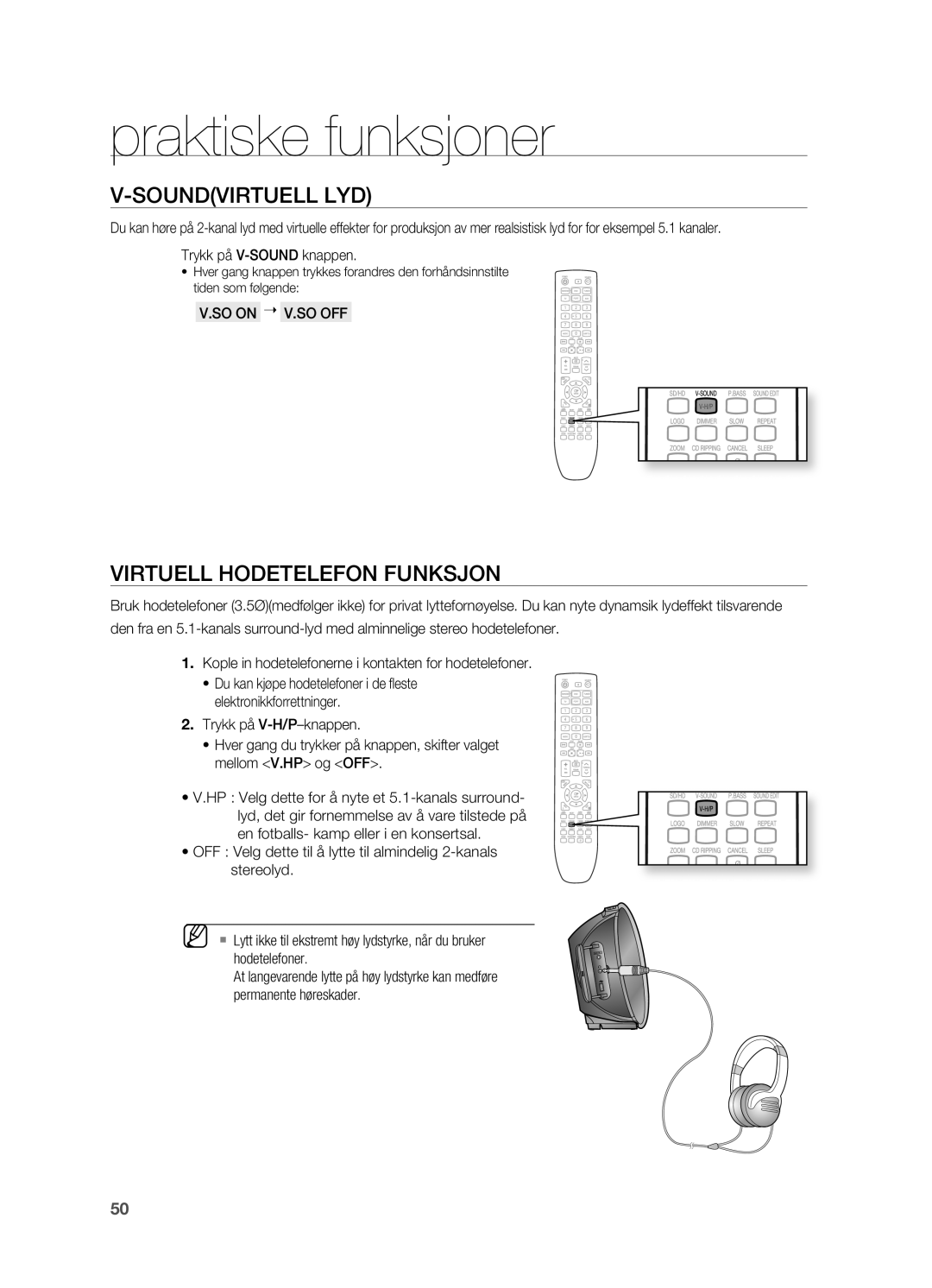 Samsung HT-X620T/XEE manual Soundvirtuell LYD, Virtuell Hodetelefon Funksjon, SO on  V.SO OFF 