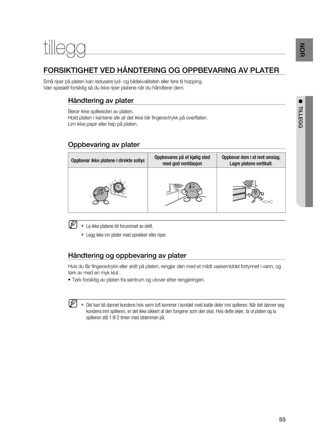 Samsung HT-X620T/XEE manual Tillegg, Forsiktighet ved håndtering og oppbevaring av plater, Håndtering av plater 