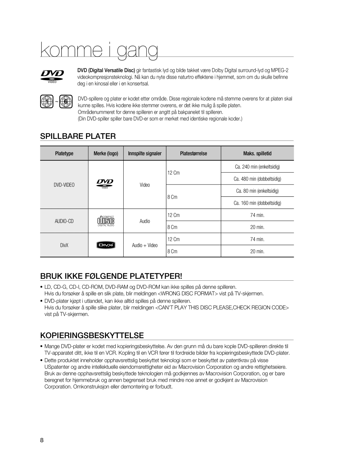 Samsung HT-X620T/XEE manual Spillbare plater, Bruk ikke følgende platetyper, Kopieringsbeskyttelse, Platestørrelse, 12 Cm 