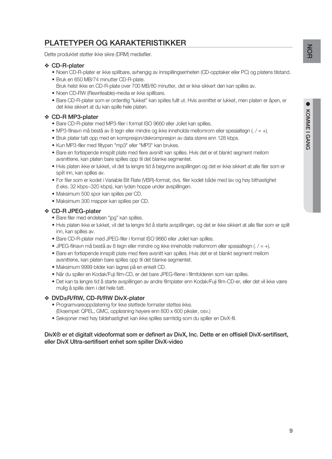 Samsung HT-X620T/XEE manual Platetyper OG Karakteristikker, Dette produktet støtter ikke sikre DRM mediafiler 