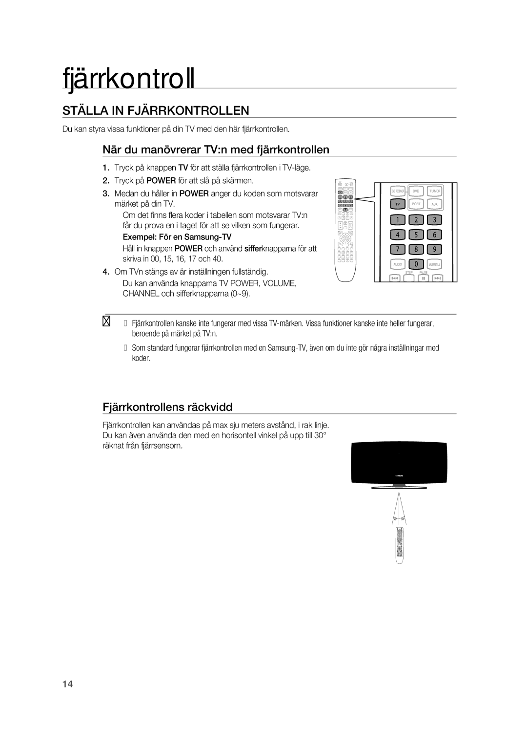 Samsung HT-X620T/XEE manual STäLLA in FjäRRKONTROLLEN, När du manövrerar TVn med fjärrkontrollen, Fjärrkontrollens räckvidd 