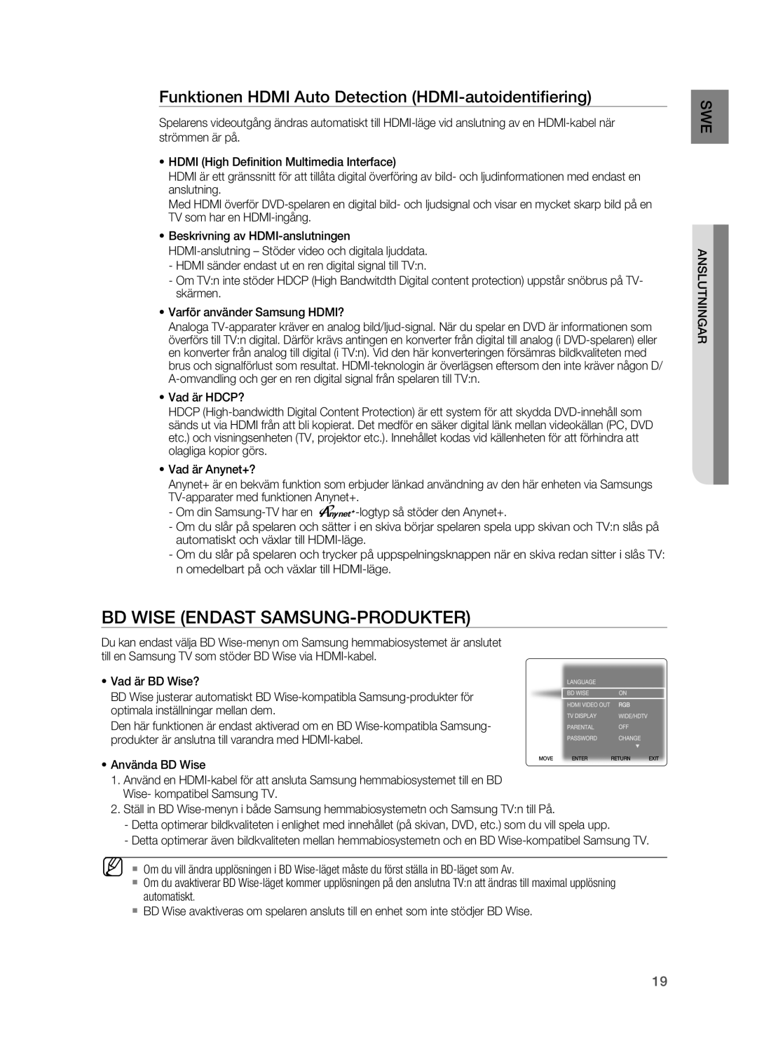 Samsung HT-X620T/XEE manual BD Wise endast Samsung-produkter, Funktionen Hdmi Auto Detection HDMI-autoidentifiering 