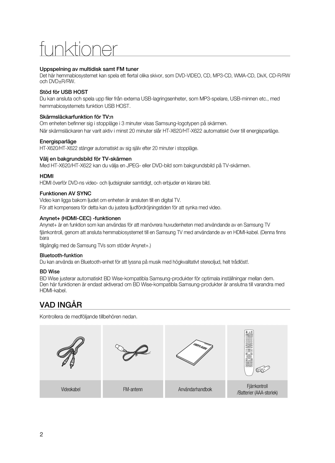 Samsung HT-X620T/XEE manual Funktioner, VAD Ingår, Hdmi 