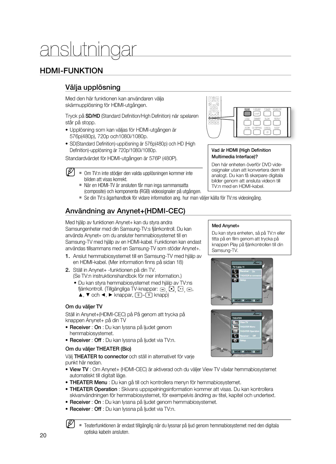 Samsung HT-X620T/XEE manual Hdmi-Funktion, Välja upplösning, Användning av Anynet+HDMI-CEC 