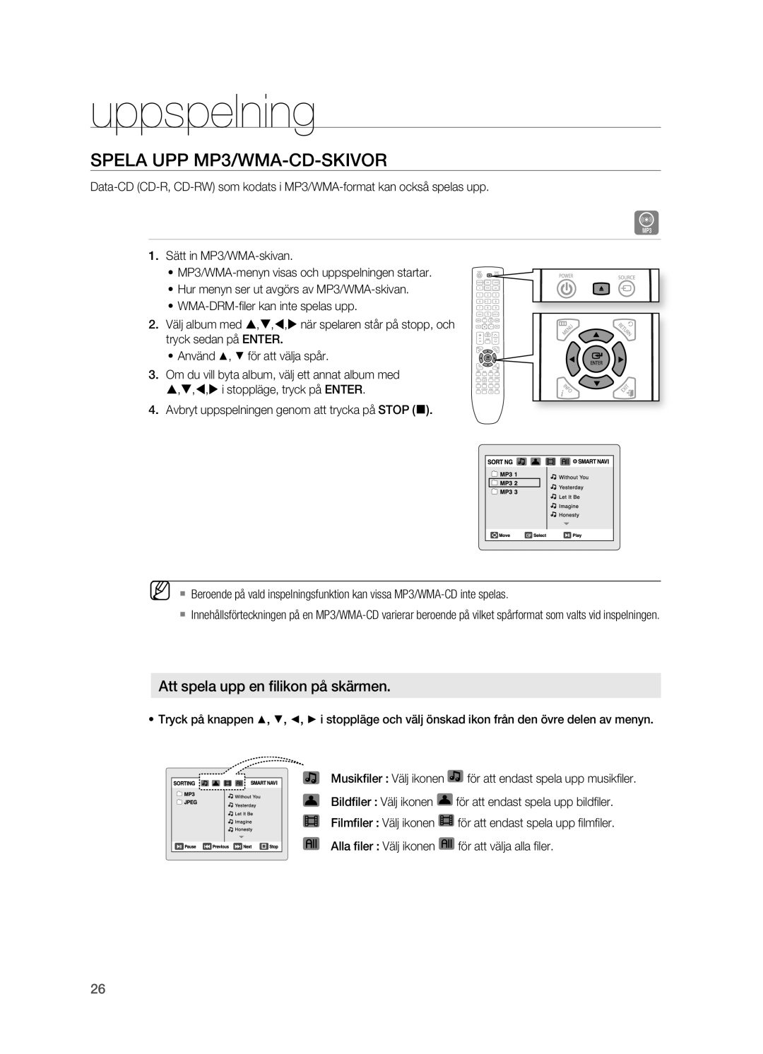 Samsung HT-X620T/XEE manual Spela UPP MP/WMA-CD-SKIVOR, Att spela upp en filikon på skärmen 