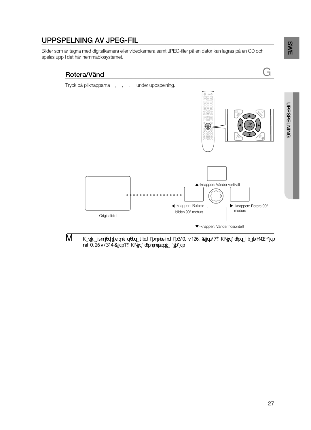 Samsung HT-X620T/XEE manual Uppspelning AV jPEG-FIL, Rotera/Vänd, Tryck på pilknapparna $, %, , + under uppspelning 