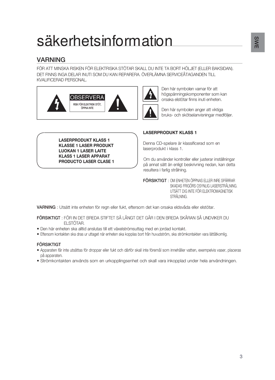 Samsung HT-X620T/XEE manual Säkerhetsinformation, Varning, Försiktigt 