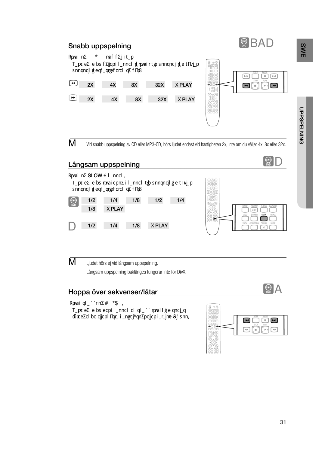 Samsung HT-X620T/XEE manual Långsam uppspelning, Hoppa över sekvenser/låtar, Tryck snabbt på 