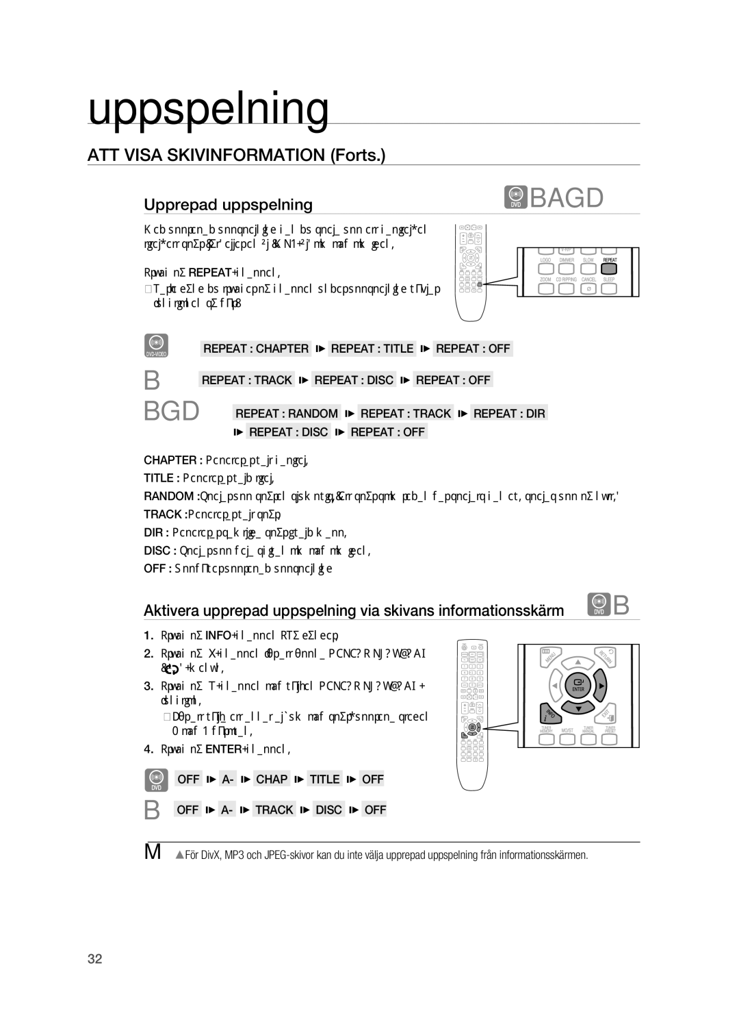 Samsung HT-X620T/XEE ATT Visa Skivinformation Forts, Upprepad uppspelning, OFF A- Chap Title OFF OFF A- Track Disc OFF 