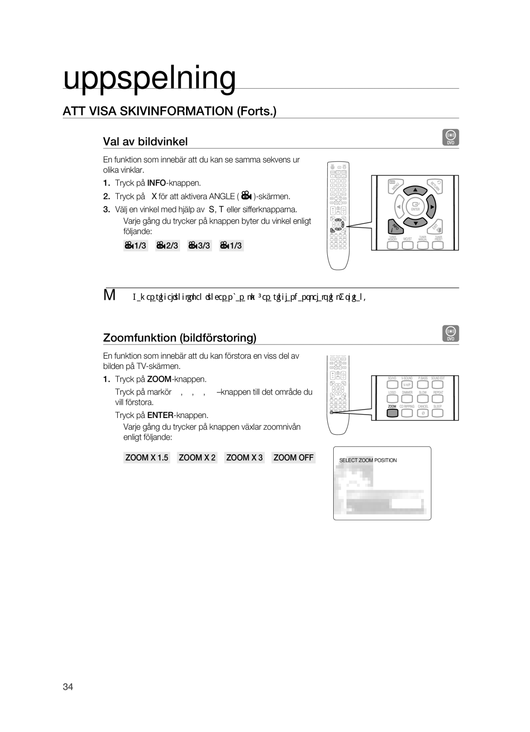 Samsung HT-X620T/XEE manual Val av bildvinkel, Zoomfunktion bildförstoring, Zoom X 1.  Zoom X   Zoom X   Zoom OFF 