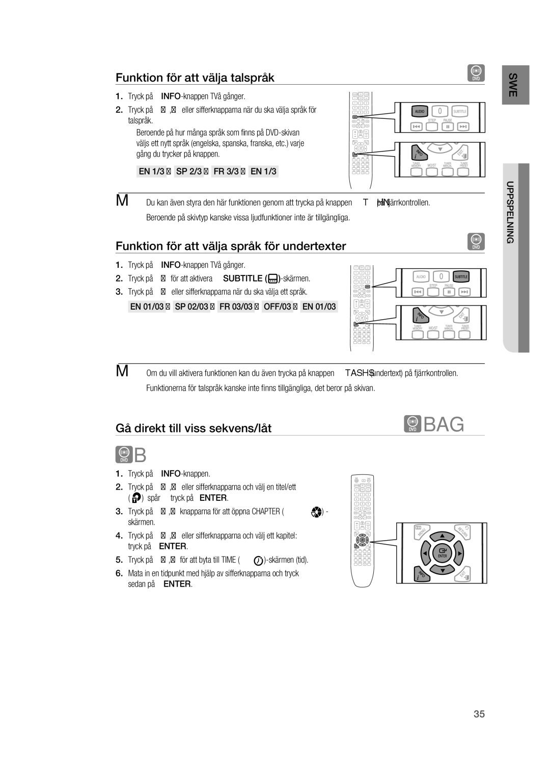 Samsung HT-X620T/XEE manual Funktion för att välja talspråk, Funktion för att välja språk för undertexter 