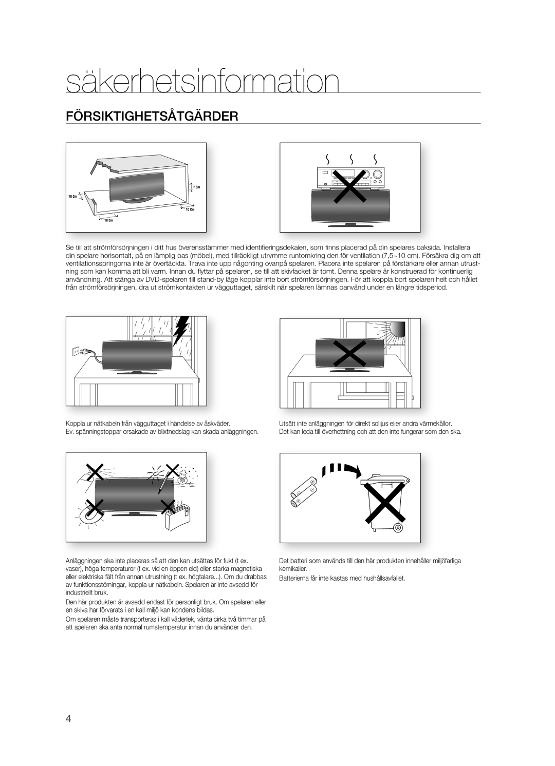 Samsung HT-X620T/XEE manual FÖRSIKTIGHETSÅTGäRDER 