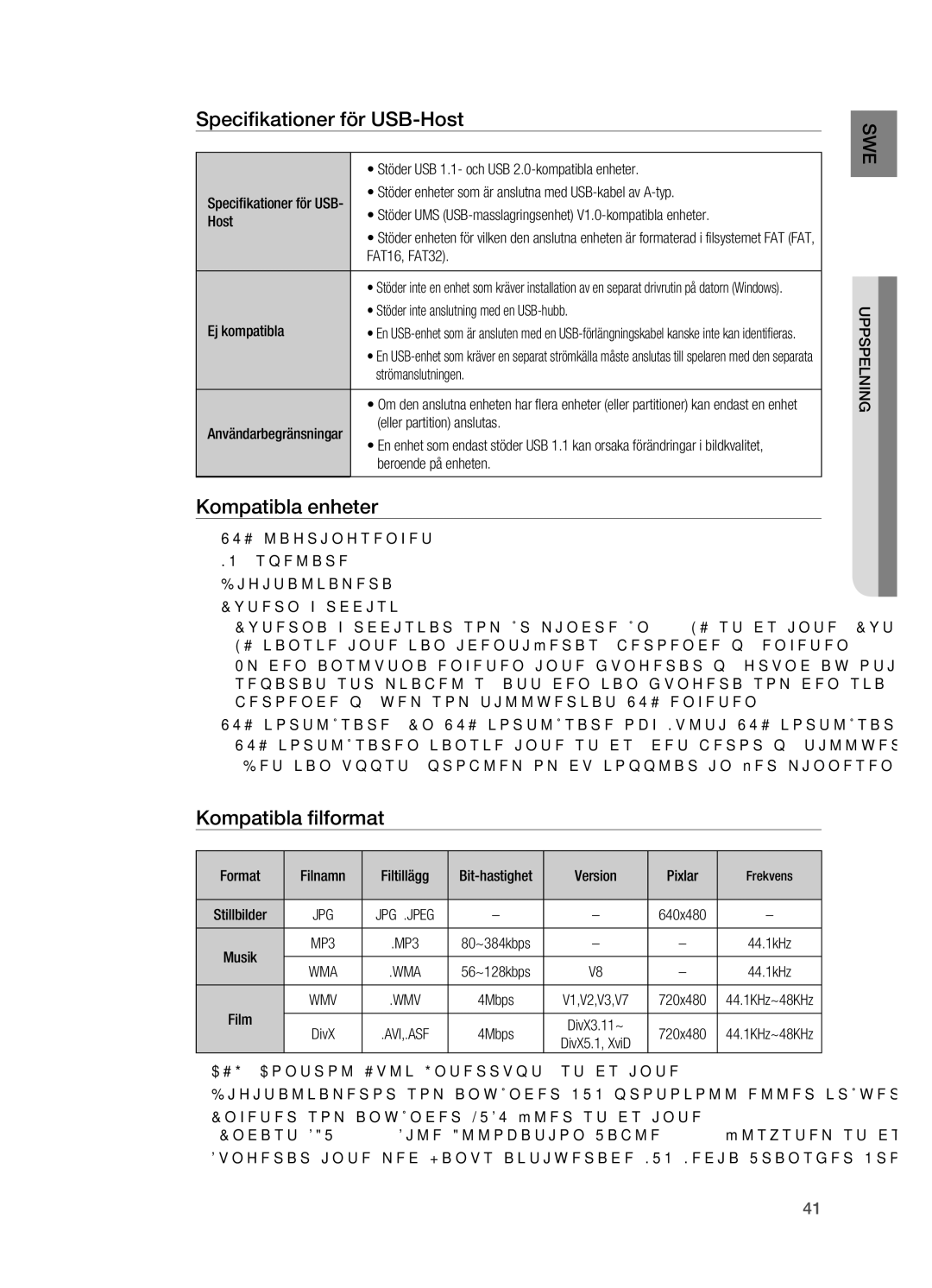 Samsung HT-X620T/XEE manual Specifikationer för USB-Host, Kompatibla enheter, Kompatibla filformat 