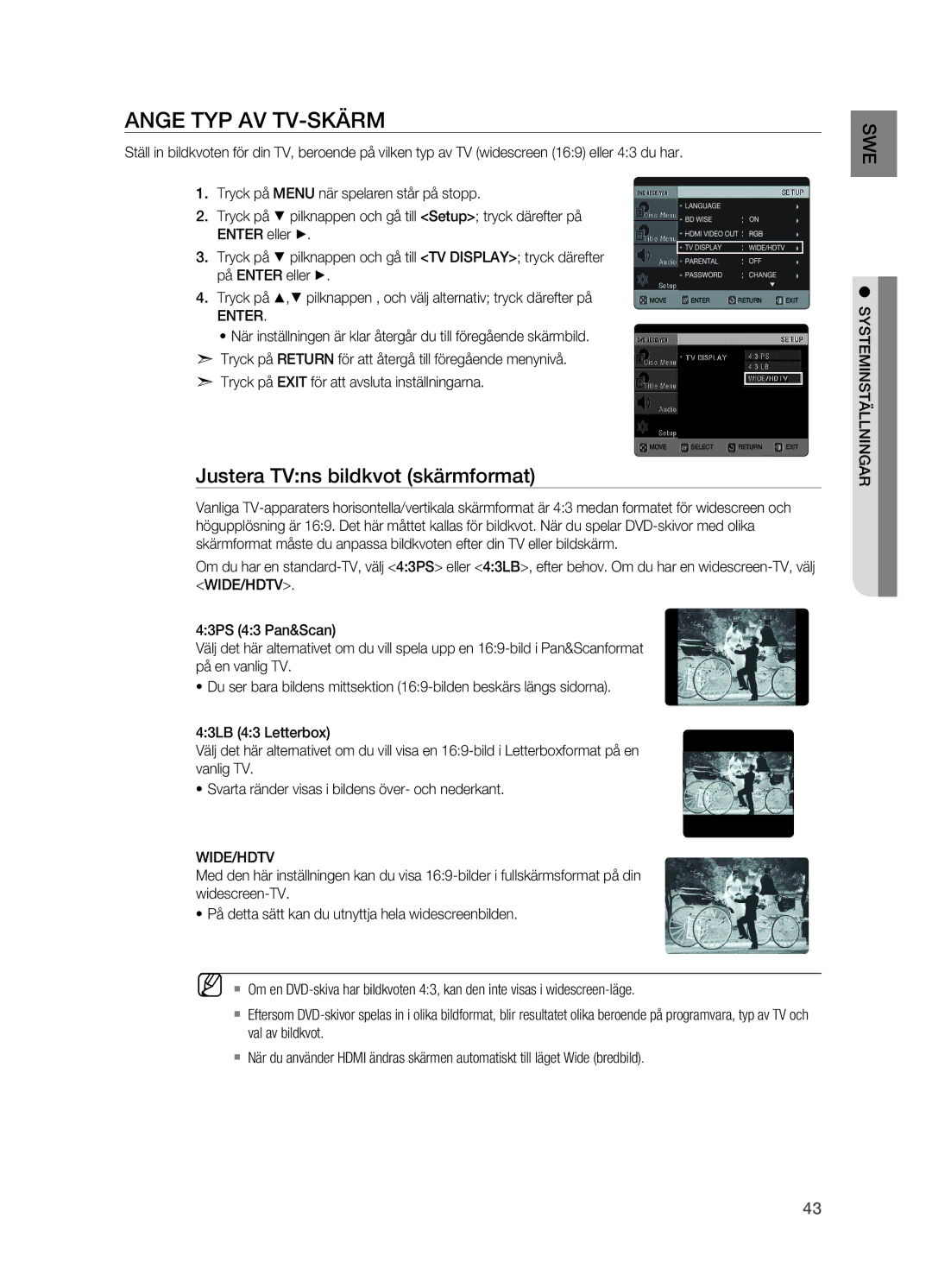 Samsung HT-X620T/XEE manual Ange typ av TV-skärm, Justera TVns bildkvot skärmformat, Wide/Hdtv, Systeminställningar 